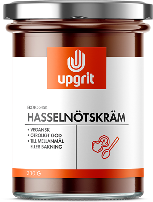 It is a jar of organic chocolate hazelnut spread labeled 'Upgrit'. It is vegan and good for baking or spreading.