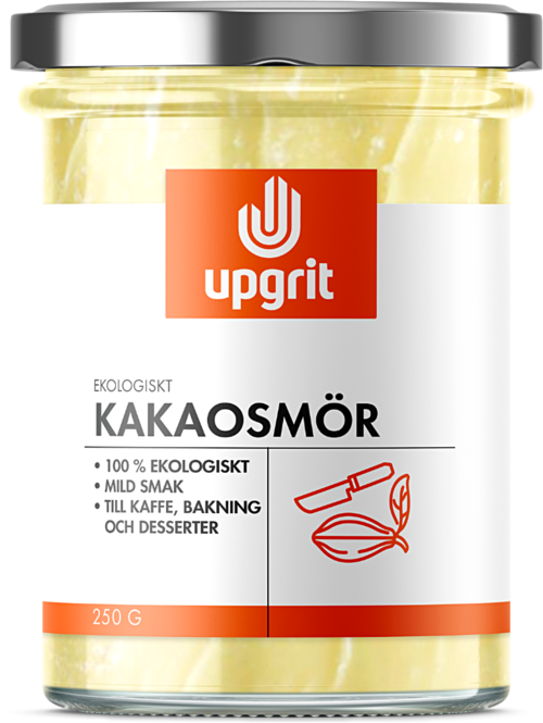 Organic cocoa butter in a jar, labeled for baking, coffee, and desserts, weighing 250 grams.