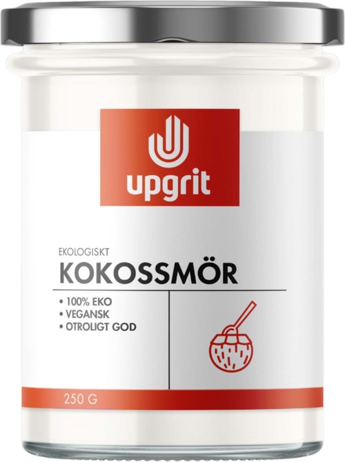 Kookoslevitepurkki, merkattu ekologiseksi, vegaaniksi ja erittäin hyväksi, painaa 250 g.
