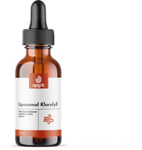 En liten brun flaska med droppare, märkt 'Liposomal Klorofyll' från Upgrit, med vit och orange design.