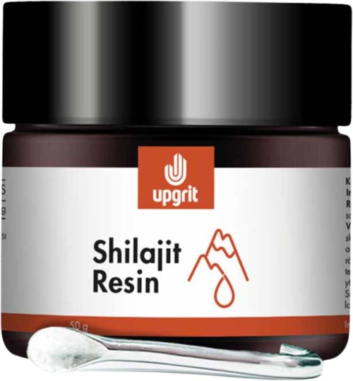Et glas Shilajit Resin med ske, med Upgrit-logo og bjergikon på etiketten.
