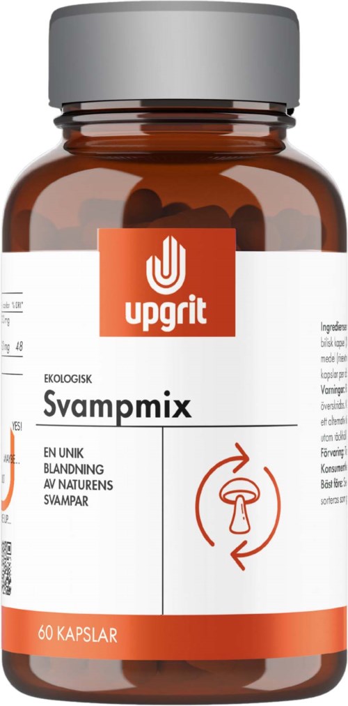 Eine braune Flasche mit Silberkappe enthält Upgrit Svampix, ein organisches Pilzpräparat mit 60 Kapseln.