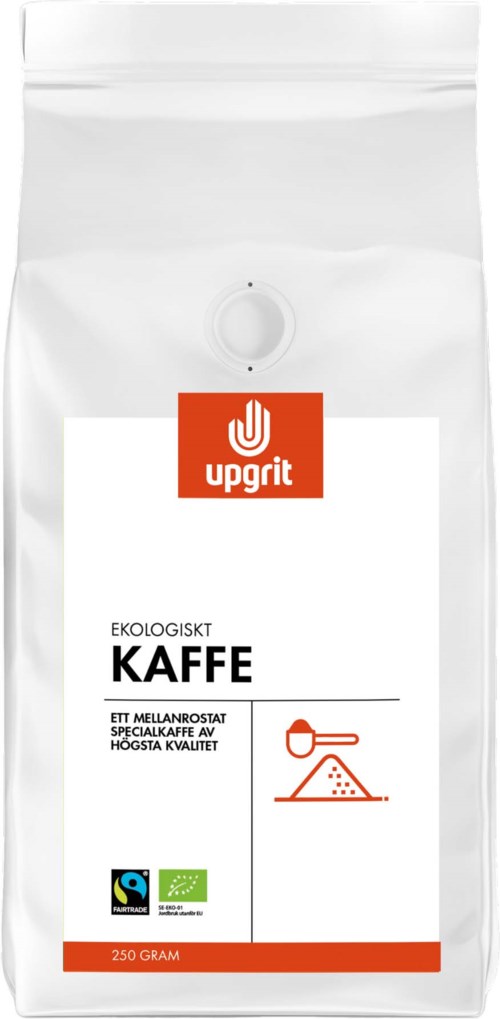 En vit kaffeförpackning med röd och svart text, en logga och ikoner som visar kaffe och kvalitet.