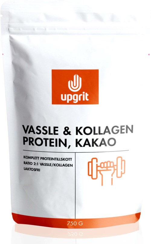 En vit påse med röd och orange branding, visar en hantlar illustration och text om kollagenprotein och kakao.