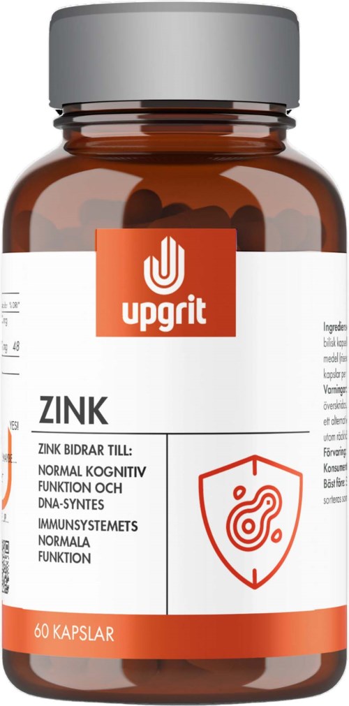 Brun flaske med hvit etikett, rød logo og tekst om sinkkapsler for immunforsvaret.