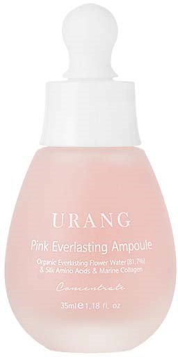 En rosa droppflaska märkt "URANG" med produktnamn, beskrivning och storleksdetaljer. Den har en vit kork.