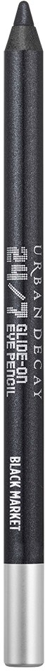 En svart eyelinerpenna med silver spets och vitt text, märkt Urban Decay 24/7 Glide-On Eye Pencil i Black Market.