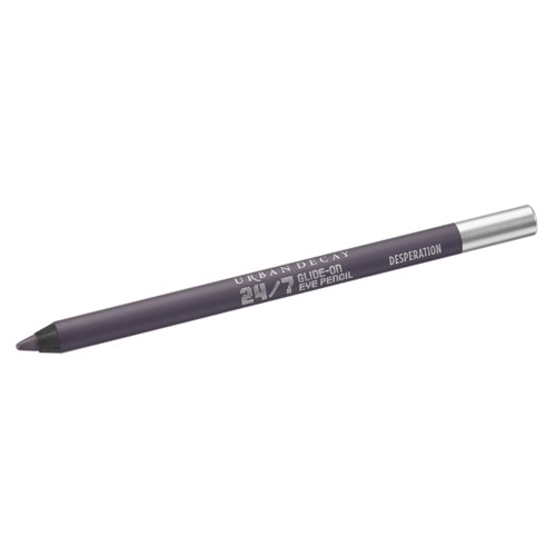 En grå ögonpenna med svart spets, silverlock och märket "Urban Decay 24/7 Glide-On Eye Pencil".