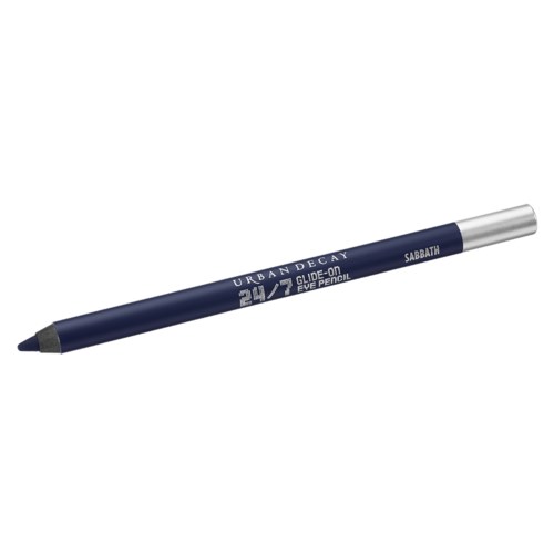 En blå ögonpenna med silverlock, märkt 'Urban Decay Sabbath 24/7 Glide-On Eye Pencil.'