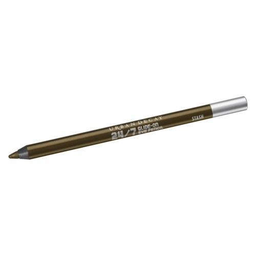 En brun pen med silverlock och vit text, märkt Urban Decay 24/7 Glide-On Eye Pencil, ligger diagonalt.