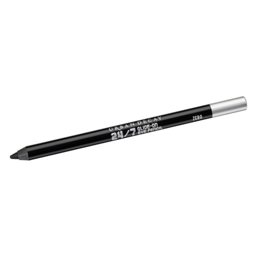En svart ögonpenna med silverkapsyl, märkt Urban Decay, 24/7 Glide-On, Zero, med svart spets.