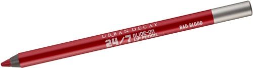 Lip pencil labeled 'Urban Decay 24/7 Glide-On Bad Blood' in red and silver.