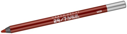 Red lip pencil with white text, labeled GASH, Urban Decay, 24/7 Glide-On.