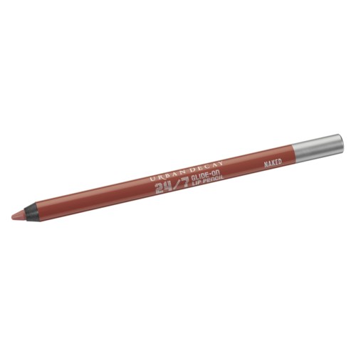 A brown lip pencil with silver cap and white text, lying flat.