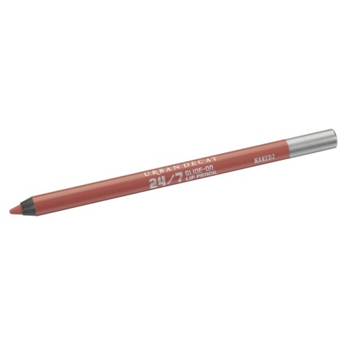 A lip pencil with a pink body and a black tip, labeled "Urban Decay" and "24/7 Glide-On Lip Pencil."