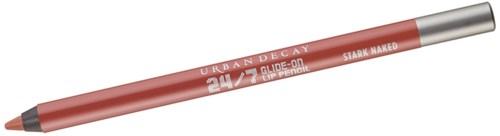 A lip pencil in a pink and silver case, labeled Urban Decay, with a pointed tip.