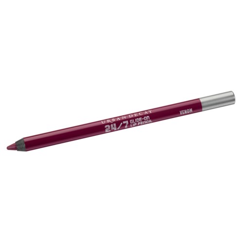 A maroon lip pencil with silver cap, labeled with lipstick and brand information.