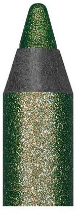 A green glitter lipstick with a black band in the middle. The lipstick is shiny and sparkly.