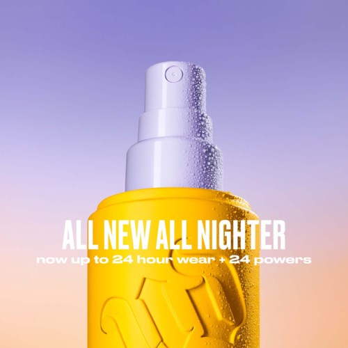 A yellow spray bottle with a white cap, droplets on the surface, against a gradient purple background.
