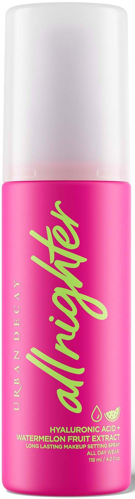 Pink flaska med Urban Decay All Nighter setting spray med vit lock. Märkt som vattenmelon smak med hyaluronsyra.