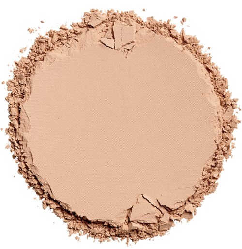 En rund makeup-puder i ljus beige färg, med smulade kanter och en slät mitt.