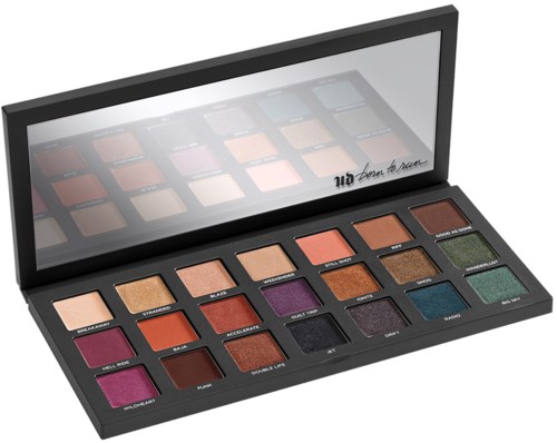 A black eyeshadow palette with 20 different colors, some matte and some shimmery, stored in a case with a mirror.