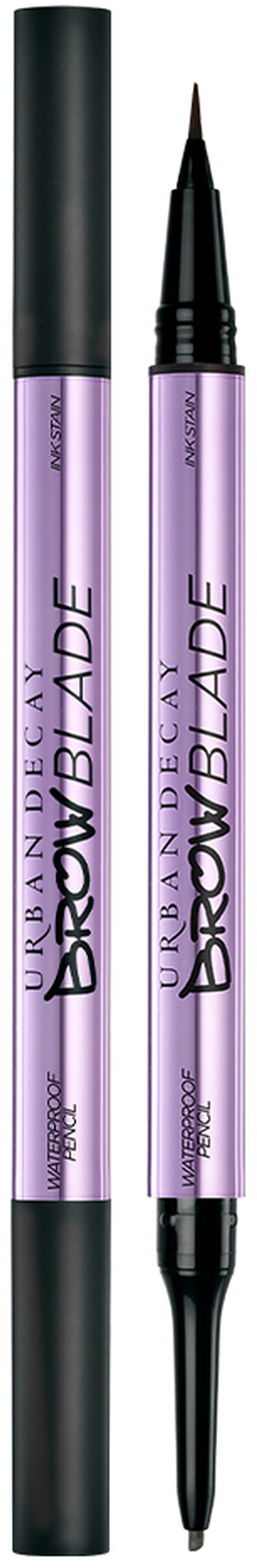 To lilla flydende øjenbrynspenn med sorte låg og spidser, mærket 'Urban Decay' og 'Perversion.'