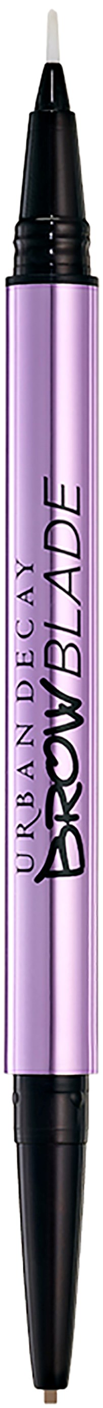 En lilla dobbeltsidet makeup-pen med sorte spidser, mærket 'Urban Decay BROW Blade'.