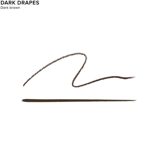 Lille mørkebrun kurvet streg med en vandret linje under. Minimalistisk design. Tekst siger "DARK DRAPES" og "Dark brown."