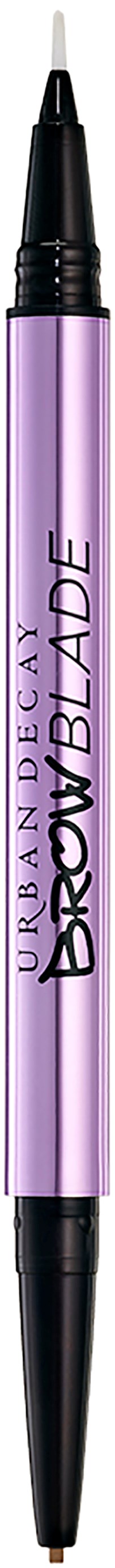 En lilla pen med sorte spidser, mærket 'Urban Decay Brow Blade'.