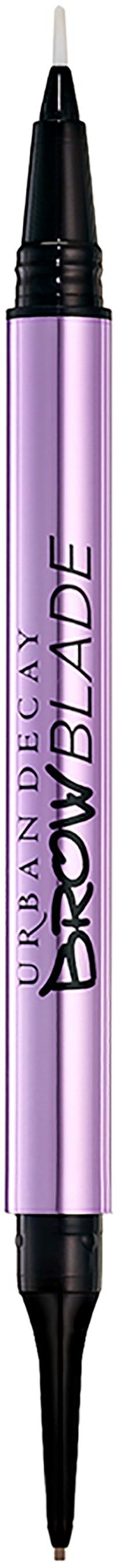 En lila dubbelsidig sminkpenna med svarta spetsar, märkt 'Urban Decay Brow Blade' för ögonbryn.