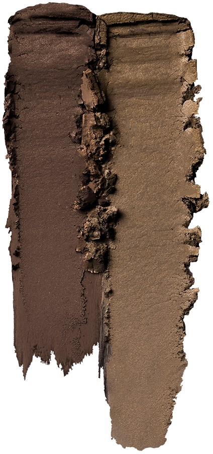 Två ojämna, suddiga fläckar av brunt makeup eller ansiktsfärg, med en mörk veck i mitten.