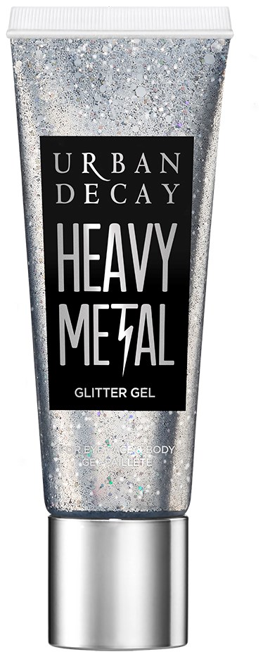 Silver glitterrör med svart och vitt etikett som säger 'Urban Decay Heavy Metal Glitter Gel'.