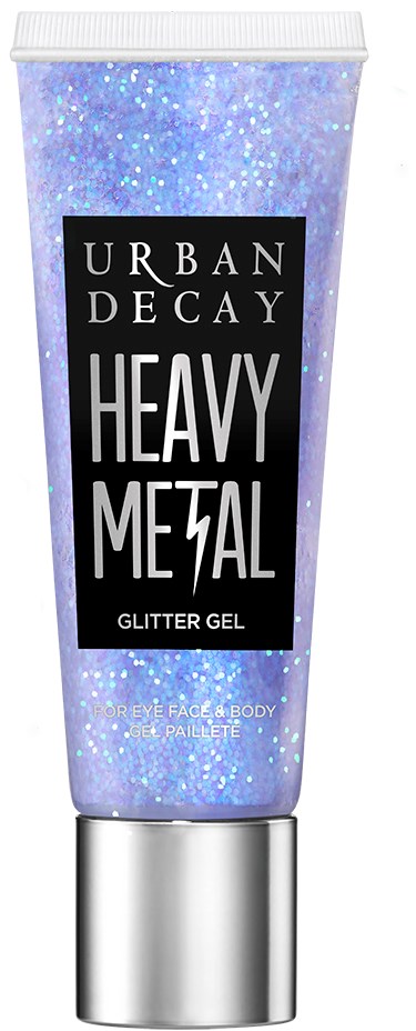 Kosmetiktub med glitter, märkt 'Urban Decay Heavy Metal Glitter Gel' för ansikte och kroppsmakeup.