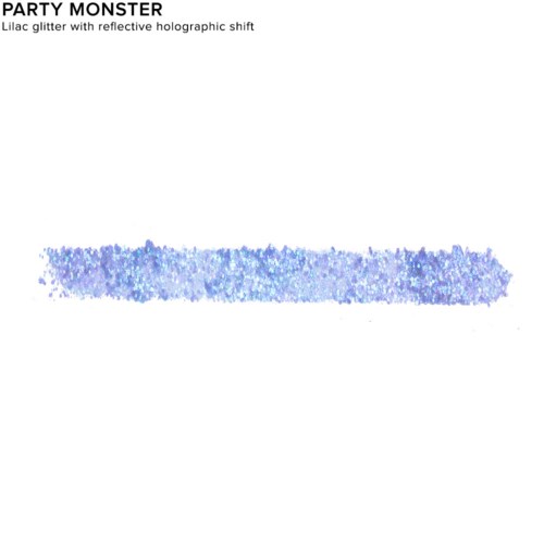 En band av blå glitter med reflekterande holografisk skiftning, märkt 'PARTY MONSTER' och beskriven som lila glitter.