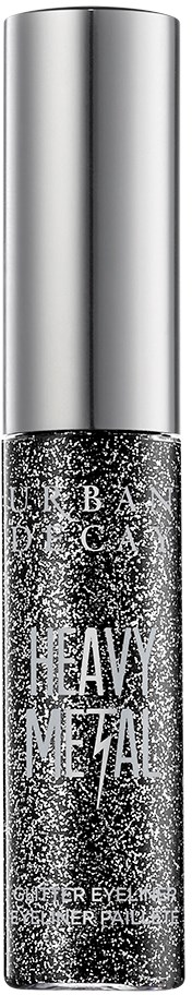 Glanzende zilveren fles met glitters, gelabeld 'Heavy Metal,' waarschijnlijk een cosmetisch product voor de ogen.
