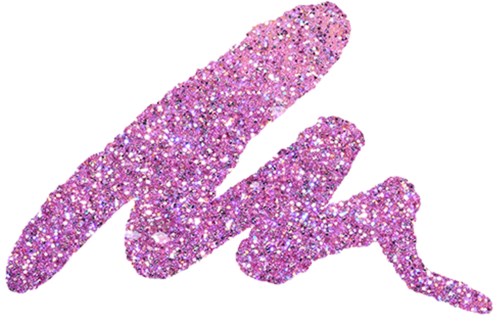 De afbeelding toont een roze, glitterende, schuine letter 'K' met een sprankelende textuur op een zwarte achtergrond.