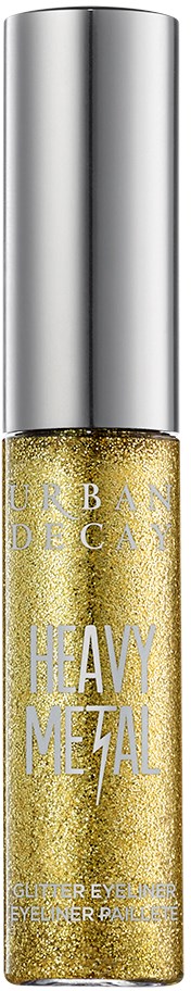 Gouden glitterende vloeistof in een buis met een zilveren dop, gemarkeerd "Heavy Metal" voor oogmake-up.