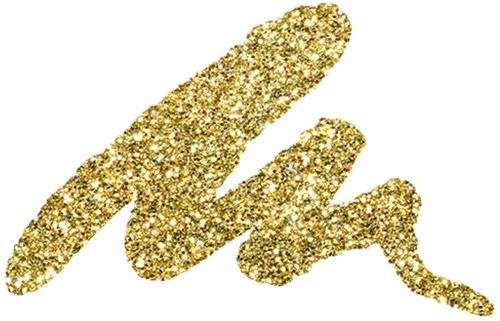 De afbeelding toont een handtekening geschreven met gouden glitter, op een zwart-wit achtergrond.