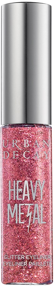 En läppstiftstift med rosa glitter, silverlock, och texten "Urban Decay Heavy Metal" på framsidan.