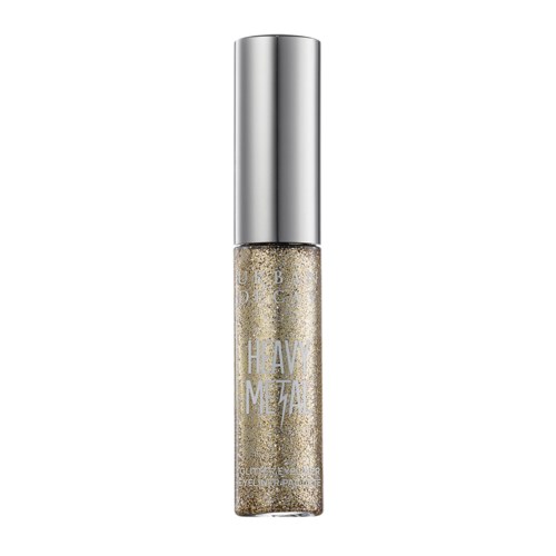 Een tube glittergoud lippenstift met een zilveren dop. Het label zegt "Heavy Metal".