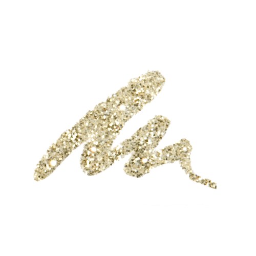 Een sprankelende, glitterende gouden letter 'M' op een witte achtergrond.