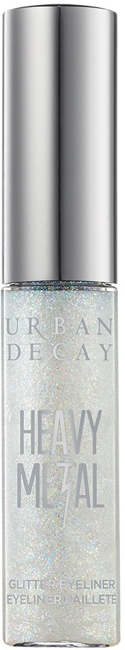 Een fles Urban Decay Heavy Metal glitter eyeliner met een zilveren dop en glinsterende, glinsterende doorzichtige vloeistof.