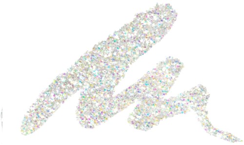 Een glinsterend, kleurrijk confetti-achtig ontwerp vormt een gestileerde letter 'E' op een zwarte achtergrond.