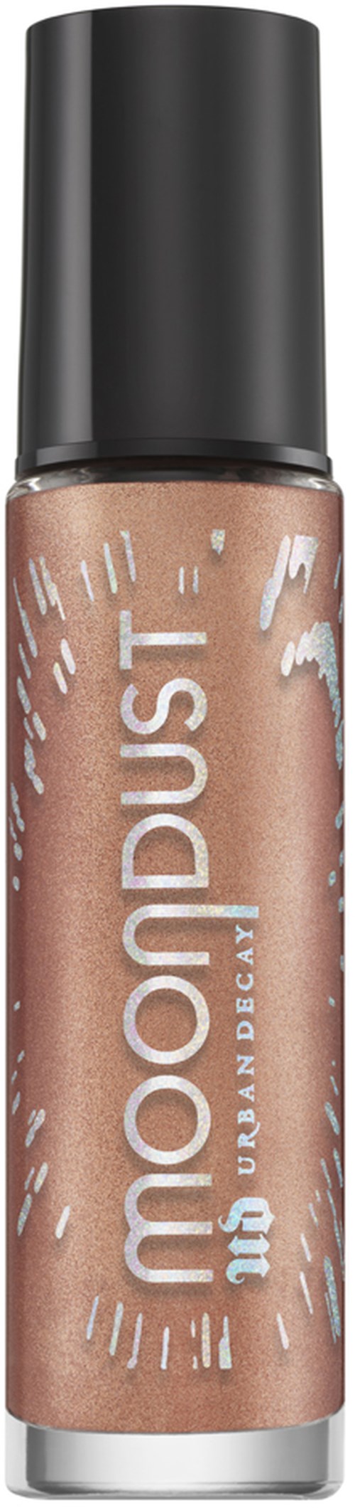 Kleine Lippenstiftflasche mit schwarzem Deckel, beschriftet mit 'moodust' und 'luxury, dear'.