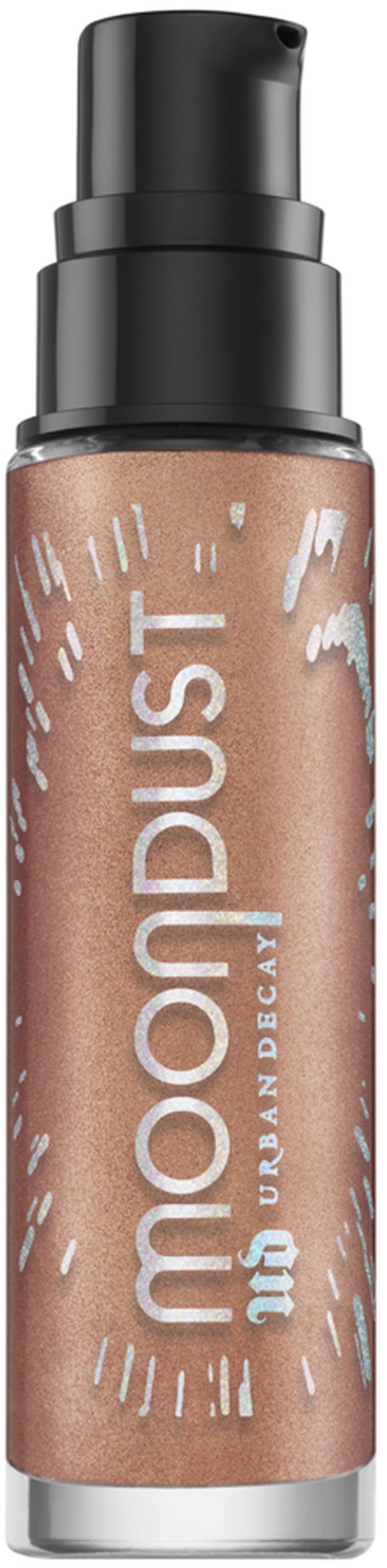 Eine Flasche flüssiger Highlighter mit Pumpe, beschriftet 'Moondust' von Urban Decay, in Roségold.