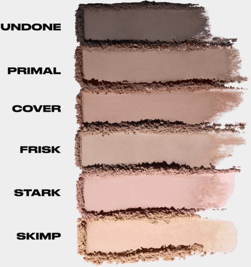 A diagram with six labels: Undone, Primal, Cover, Frisk, Stark, Skimp, alongside swatches of different shades of makeup or eyeshadow.
