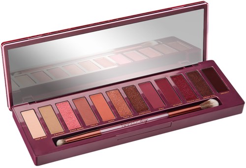En sminke-palett med forskjellige rosa, beige og brune øyenskygger og en dobbel-endet børste.