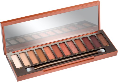 Eine Make-up-Palette mit mehreren Lidschattenfarben und einem Doppel-Pinsel in einer rosa Box mit Spiegel.