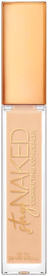 En makeup-blemstift med lysebrunt låg og gennemsigtigt skaft, der viser lys concealer indeni.